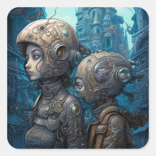 Astronaut Girls Surreal Science Fiction Square Sticker