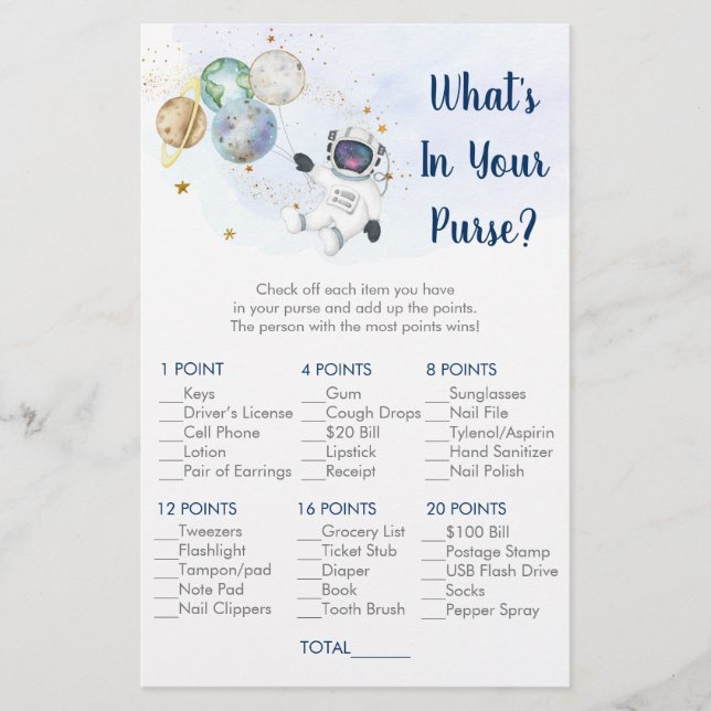 Astronaut Gold Galaxy What's In Your Purse Game (Front)