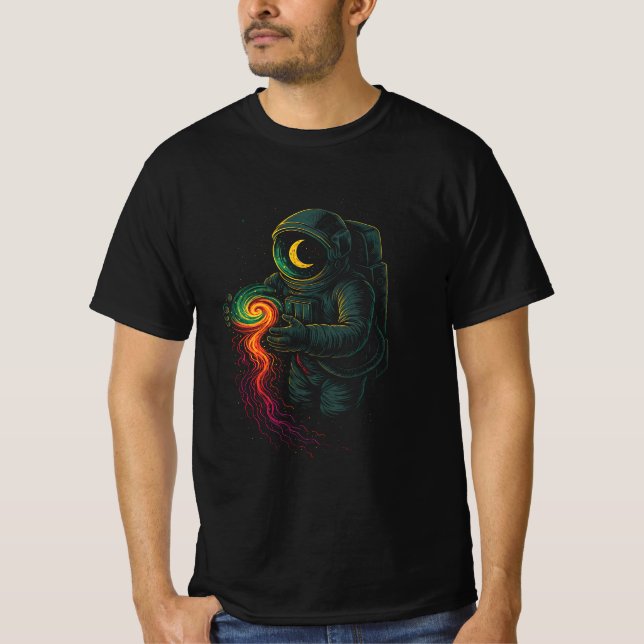 Astronaut Holding a Cosmic Spiral T-Shirt (Front)