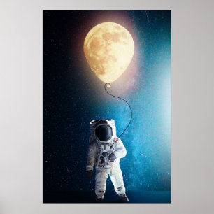 astronaut holding moon balloon  poster