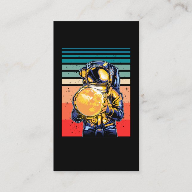 Astronaut holding Moon Retro Cosmic Business Card (Front)