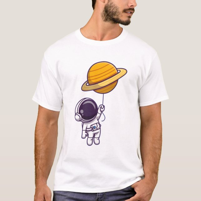 Astronaut Holding Saturn Balloon – Cute Space Them T-Shirt (Front)