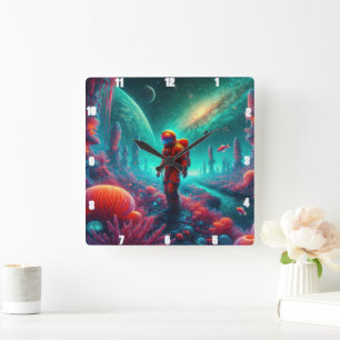 Astronaut in Alien Fantasy Square Wall Clock