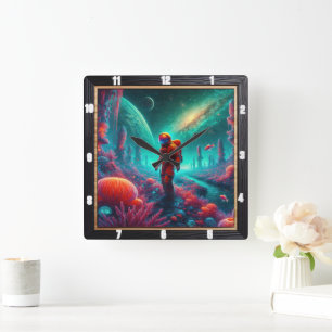 Astronaut in Alien Fantasy Square Wall Clock