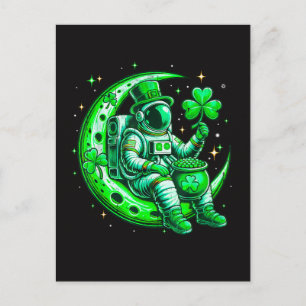 Astronaut in Moon Space Saint Patrick's Day Announcement Postcard