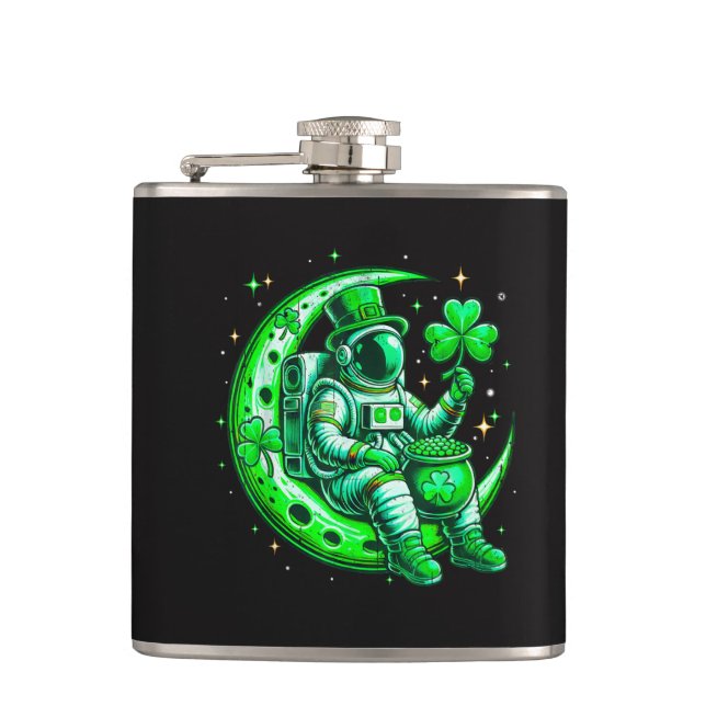 Astronaut in Moon Space Saint Patrick's Day Hip Flask (Front)