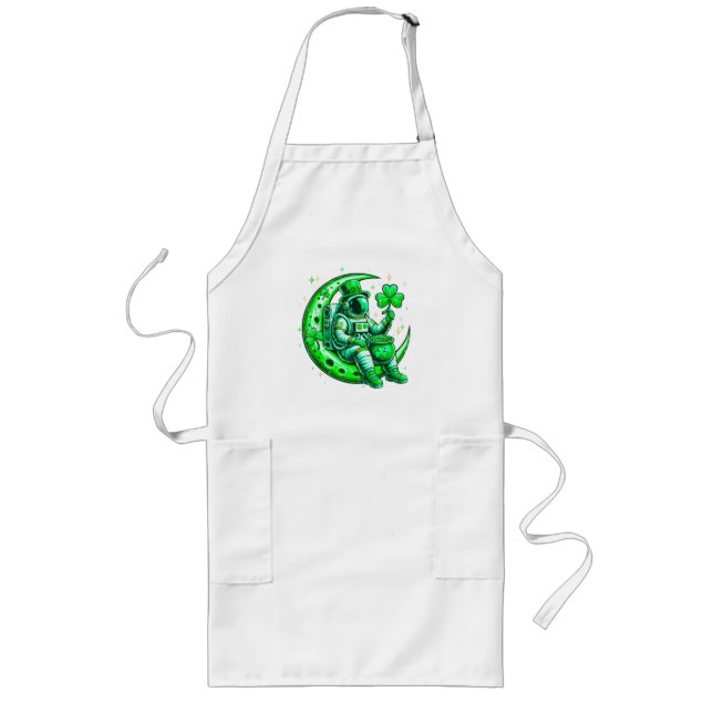 Astronaut in Moon Space Saint Patrick's Day Long Apron (Front)