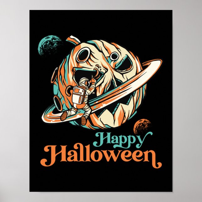 Astronaut in Outer Space Pumpkin Planet Halloween Poster (Front)