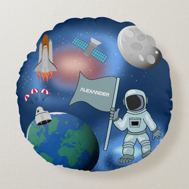 Astronaut in Space Galaxy Personalised Name  Round Cushion (Front)