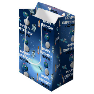 Astronaut in Space Galaxy Theme Birthday Name Medium Gift Bag