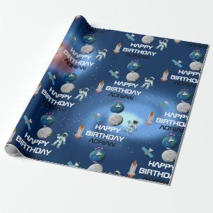 Astronaut in Space Galaxy Theme Birthday Name  Wrapping Paper