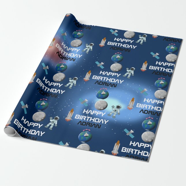 Astronaut in Space Galaxy Theme Birthday Name  Wrapping Paper (Unrolled)