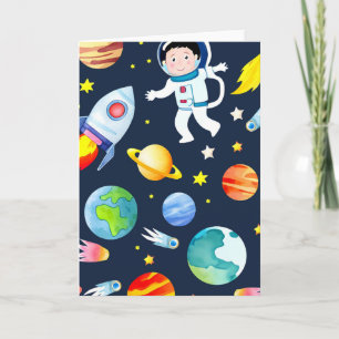 Astronaut in Space Planets and Rockets Pattern Card