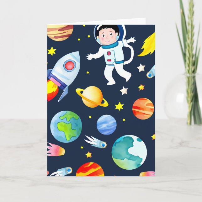 Astronaut in Space Planets and Rockets Pattern Card (Front)