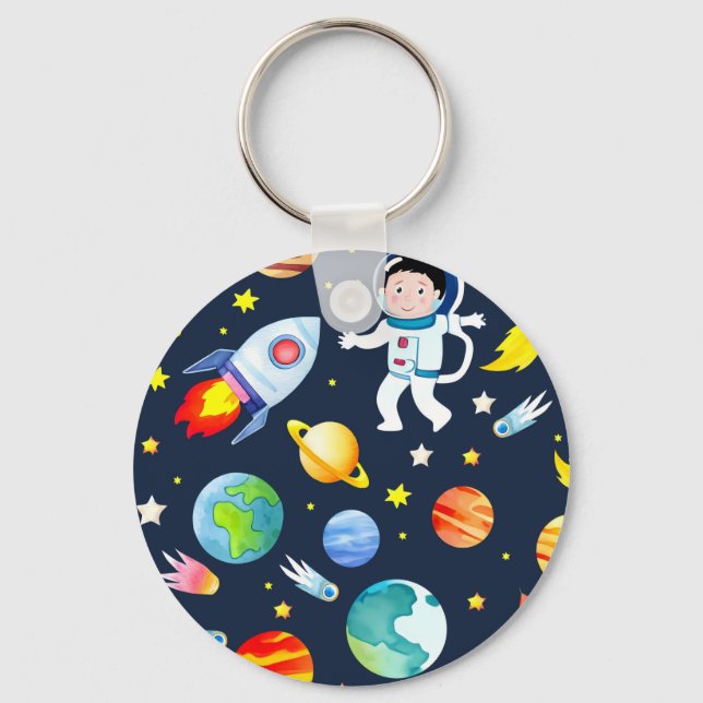 Astronaut in Space Planets and Rockets Pattern Key Ring (Front)