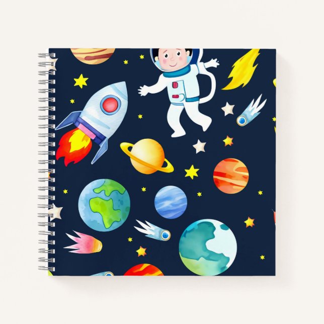 Astronaut in Space Planets and Rockets Pattern Notebook (Front)