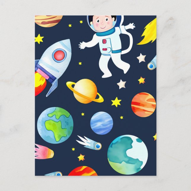 Astronaut in Space Planets and Rockets Pattern Postcard (Front)