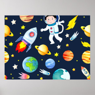 Astronaut in Space Planets and Rockets Pattern Poster