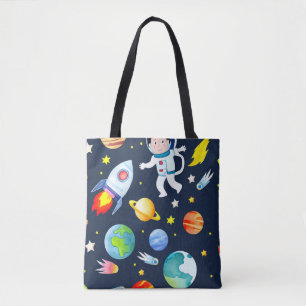 Astronaut in Space Planets and Rockets Pattern Tote Bag