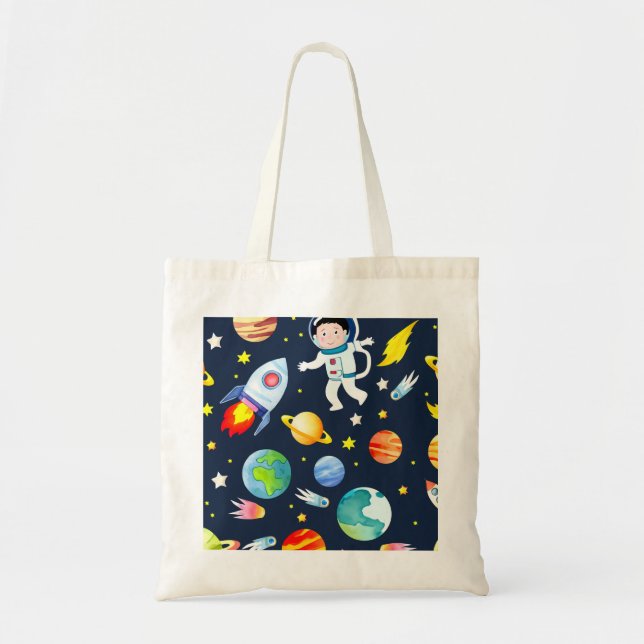 Astronaut in Space Planets and Rockets Pattern Tote Bag (Front)