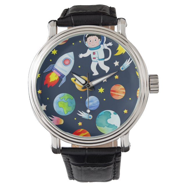 Astronaut in Space Planets and Rockets Pattern Watch (Front)