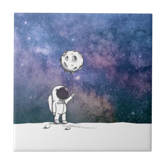 Astronaut in space with moon balloon cosmos stars ceramic tile (Front)
