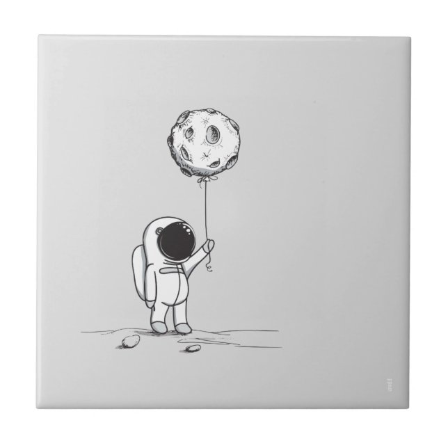 Astronaut in space with moon balloon cosmos stars ceramic tile (Front)