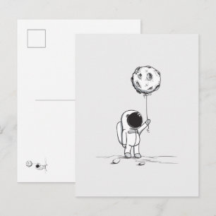 Astronaut in space with moon balloon cosmos stars postcard