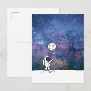 Astronaut in space with moon balloon cosmos stars postcard
