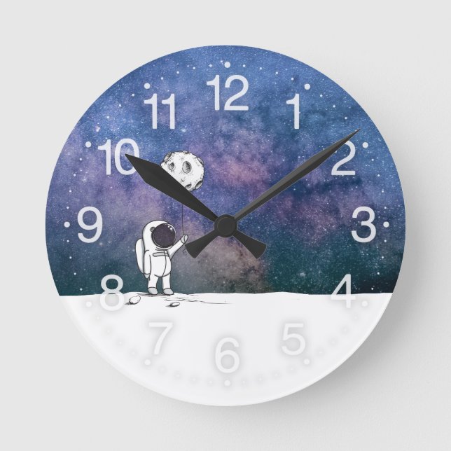 Astronaut in space with moon balloon cosmos stars round clock (Front)