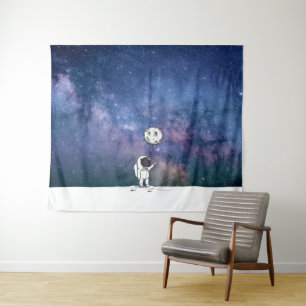 Astronaut in space with moon balloon cosmos stars tapestry