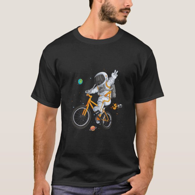 astronaut in spacesuit riding bmx bike on space ov T-Shirt (Front)