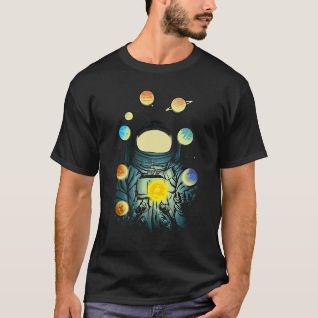 Astronaut juggling planets art stars and space T-Shirt (Front)