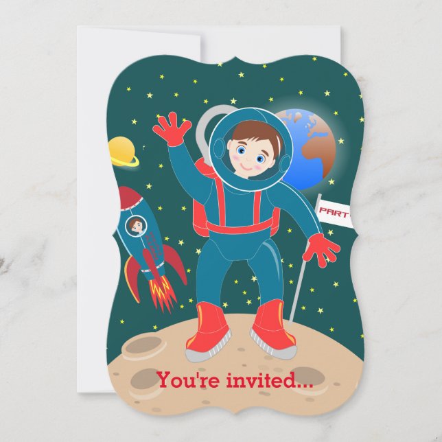 Astronaut kid on the moon birthday party invitation (Front)