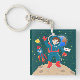 Astronaut kid on the moon birthday party key ring