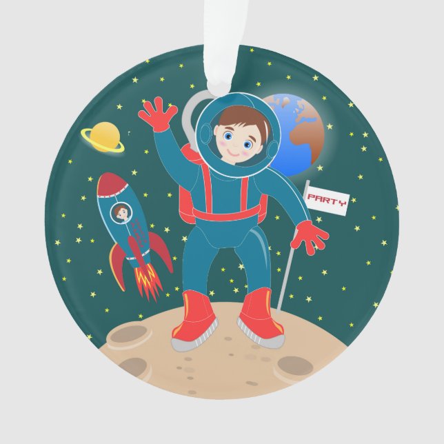 Astronaut kid on the moon birthday party ornament (Front)