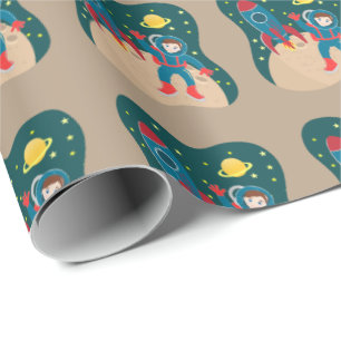 Astronaut kid on the moon birthday party wrapping paper