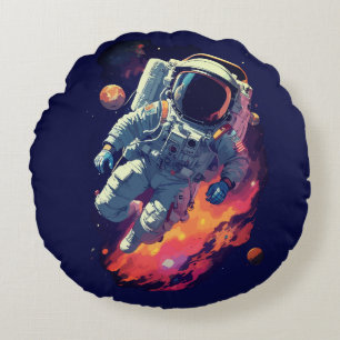 Astronaut Lost in Galaxy Background, Round Cushion