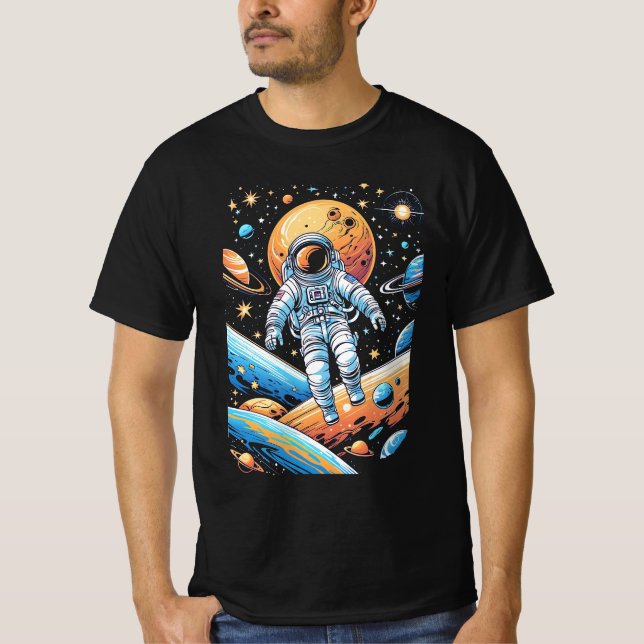Astronaut lost in space surrounded by planets  T-Shirt (Front)