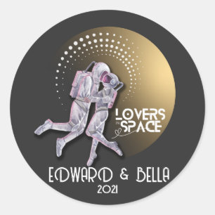 Astronaut Lovers Kissing in Space with Gold Planet Classic Round Sticker
