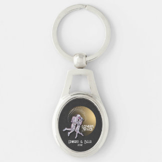 Astronaut Lovers Kissing in Space with Gold Planet Key Ring