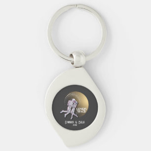 Astronaut Lovers Kissing in Space with Gold Planet Key Ring