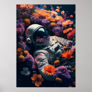 Astronaut lying in colourful flowers poster