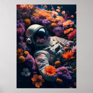 Astronaut lying in colourful flowers poster