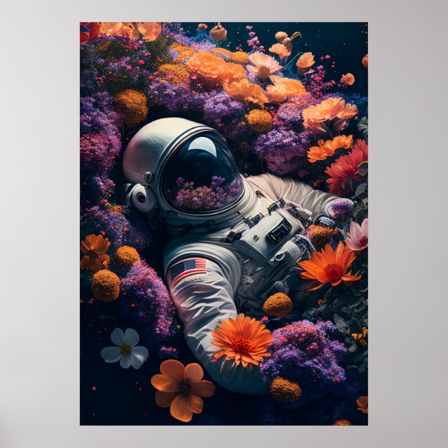 Astronaut lying in colourful flowers poster (Front)