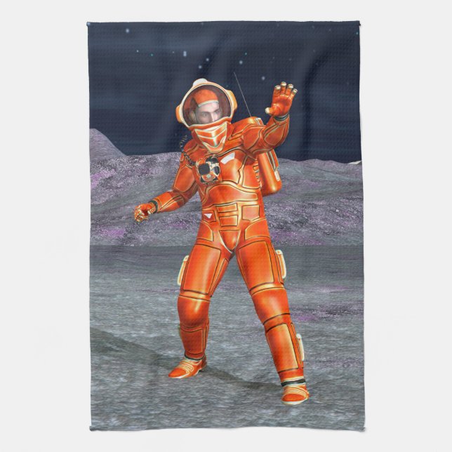 Astronaut Mars Space Explorer on Alien Planet Tea Towel (Vertical)