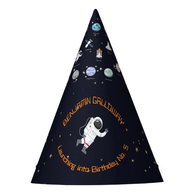 Astronaut Moon Rocket Monogram Kids Solar System Party Hat (Front)