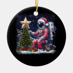Astronaut Near By Christmas Tree Outer Space Chris Ceramic Ornament