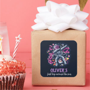 Astronaut on a space rocket with stars and planets square sticker