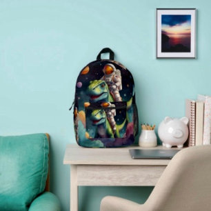 Astronaut on Dino in Space  Printed Backpack